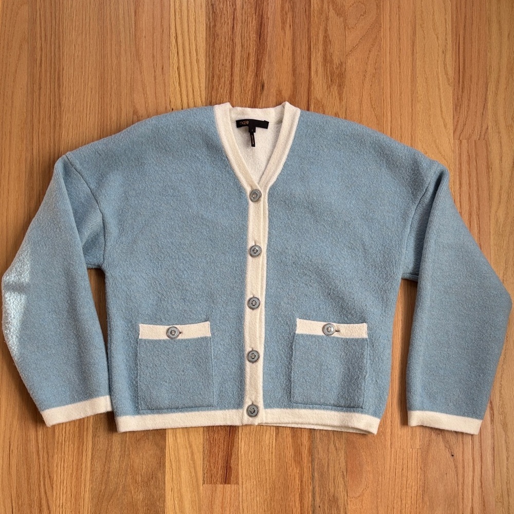 Maje Blue Cardigan with Cream Trim